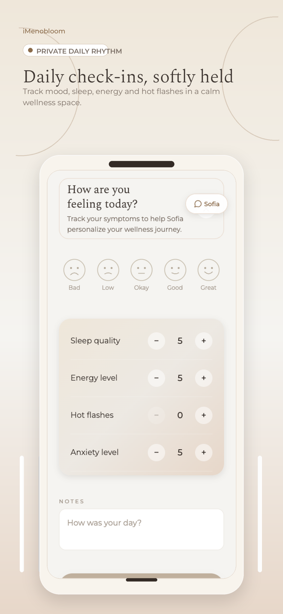 iMenobloom daily wellness check-in screen